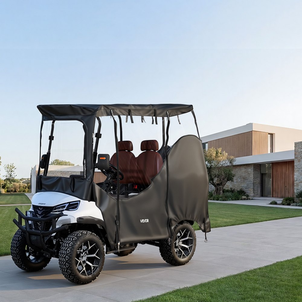 Pokrowiec na wózek golfowy VEVOR widoczny, przeznaczony do wózków golfowych 2-osobowych (większość wózków golfowych marek Club Car, Yamaha, EZGO i Honda), pokrowiec przeciwdeszczowy wykonany z tkaniny Oxford 600D, z powłoką poliuretanową i wiatroszczelnym systemem haczyków