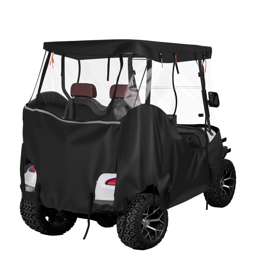Pokrowiec na wózek golfowy VEVOR widoczny, przeznaczony do wózków golfowych 2-osobowych (większość wózków golfowych marek Club Car, Yamaha, EZGO i Honda), pokrowiec przeciwdeszczowy wykonany z tkaniny Oxford 600D, z powłoką poliuretanową i wiatroszczelnym systemem haczyków