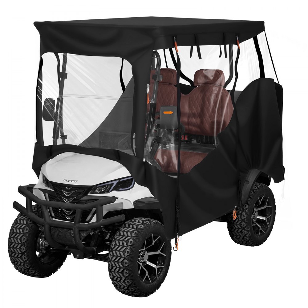 Pokrowiec na wózek golfowy VEVOR widoczny, przeznaczony do wózków golfowych 2-osobowych (większość wózków golfowych marek Club Car, Yamaha, EZGO i Honda), pokrowiec przeciwdeszczowy wykonany z tkaniny Oxford 600D, z powłoką poliuretanową i wiatroszczelnym systemem haczyków