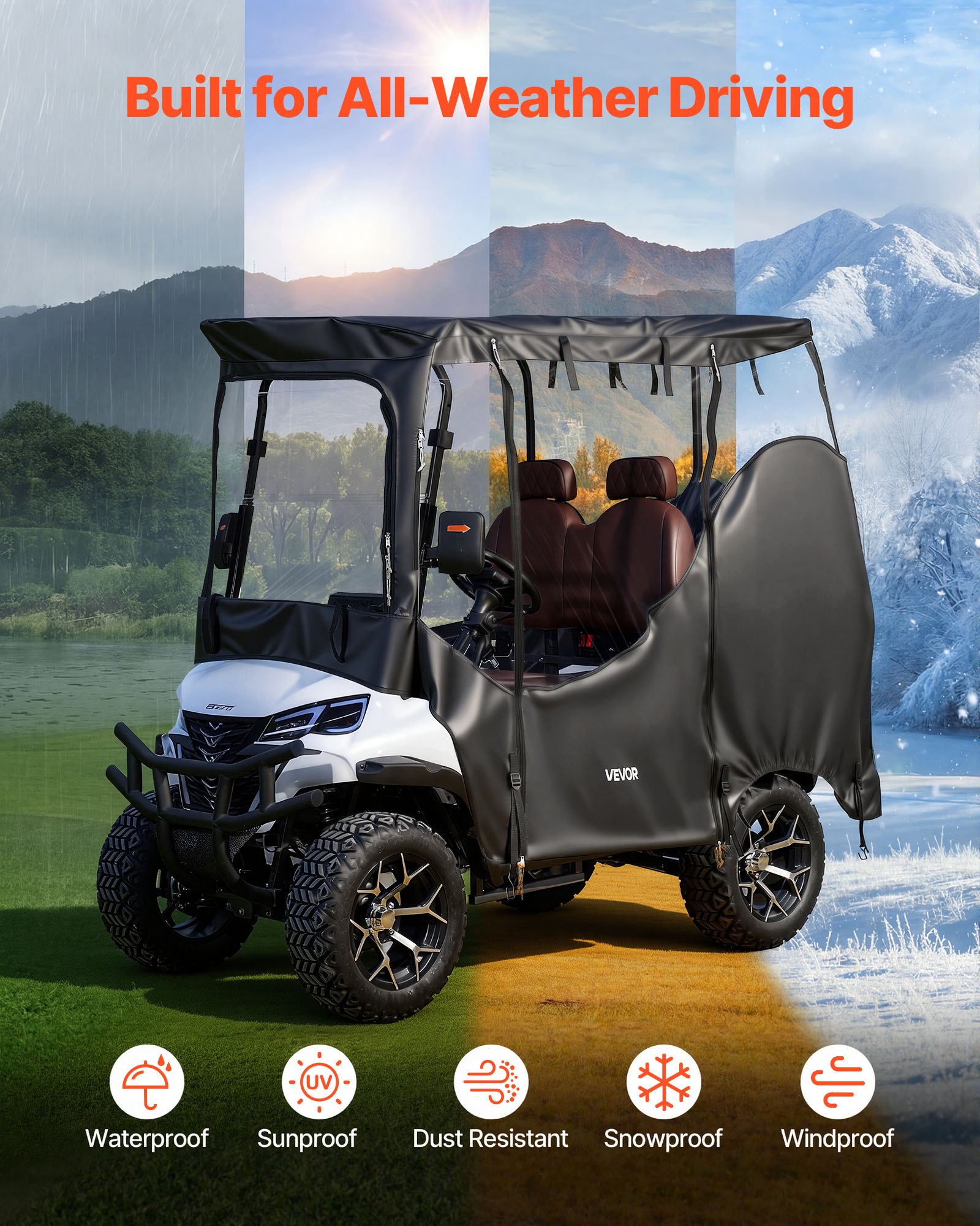 Pokrowiec na wózek golfowy VEVOR widoczny, przeznaczony do wózków golfowych 2-osobowych (większość wózków golfowych marek Club Car, Yamaha, EZGO i Honda), pokrowiec przeciwdeszczowy wykonany z tkaniny Oxford 600D, z powłoką poliuretanową i wiatroszczelnym systemem haczyków