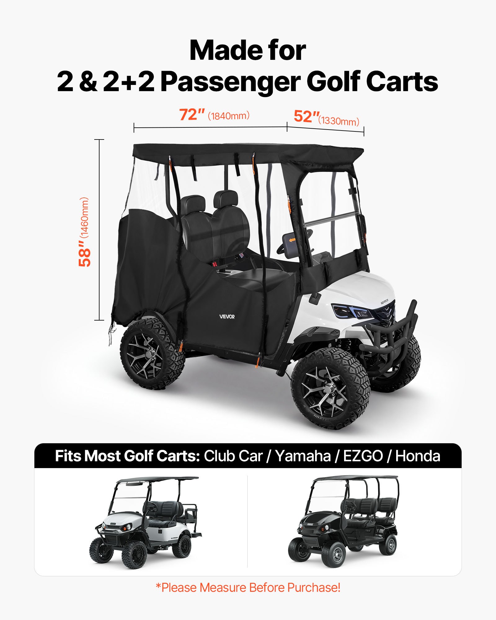 Pokrowiec na wózek golfowy VEVOR widoczny, przeznaczony do wózków golfowych 2-osobowych (większość wózków golfowych marek Club Car, Yamaha, EZGO i Honda), pokrowiec przeciwdeszczowy wykonany z tkaniny Oxford 600D, z powłoką poliuretanową i wiatroszczelnym systemem haczyków