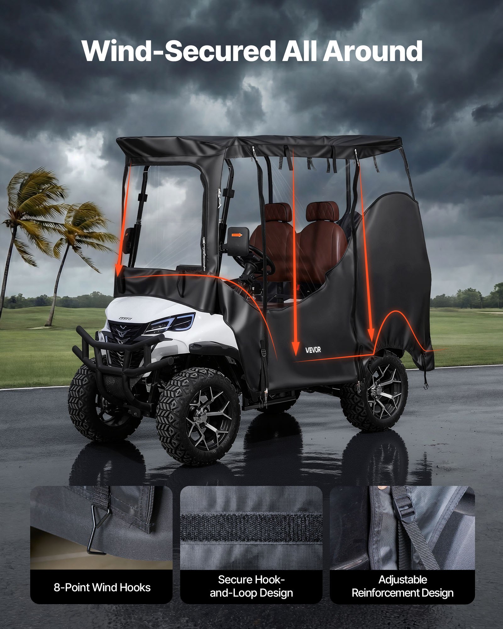Pokrowiec na wózek golfowy VEVOR widoczny, przeznaczony do wózków golfowych 2-osobowych (większość wózków golfowych marek Club Car, Yamaha, EZGO i Honda), pokrowiec przeciwdeszczowy wykonany z tkaniny Oxford 600D, z powłoką poliuretanową i wiatroszczelnym systemem haczyków