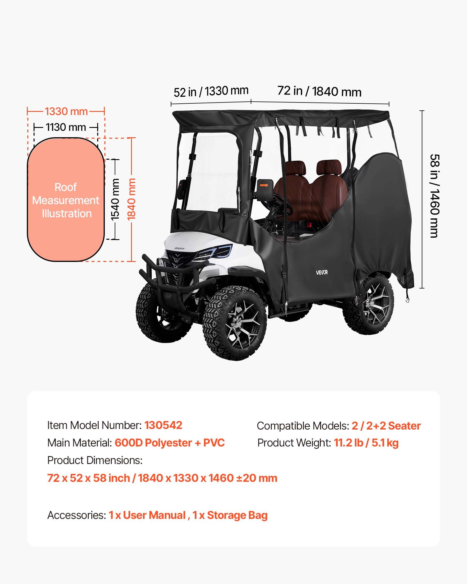Pokrowiec na wózek golfowy VEVOR widoczny, przeznaczony do wózków golfowych 2-osobowych (większość wózków golfowych marek Club Car, Yamaha, EZGO i Honda), pokrowiec przeciwdeszczowy wykonany z tkaniny Oxford 600D, z powłoką poliuretanową i wiatroszczelnym systemem haczyków