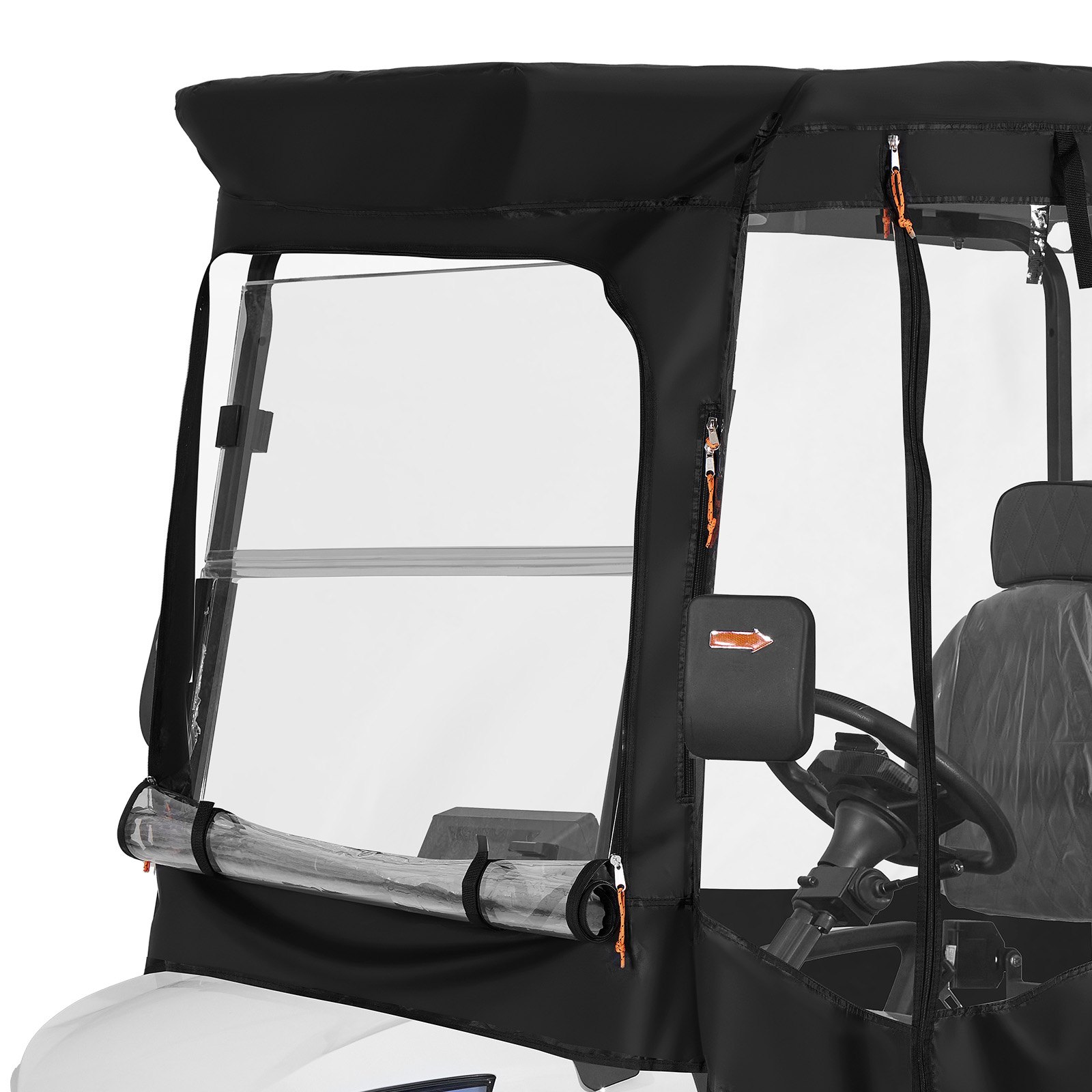 Pokrowiec na wózek golfowy VEVOR widoczny, przeznaczony do wózków golfowych 2-osobowych (większość wózków golfowych marek Club Car, Yamaha, EZGO i Honda), pokrowiec przeciwdeszczowy wykonany z tkaniny Oxford 600D, z powłoką poliuretanową i wiatroszczelnym systemem haczyków