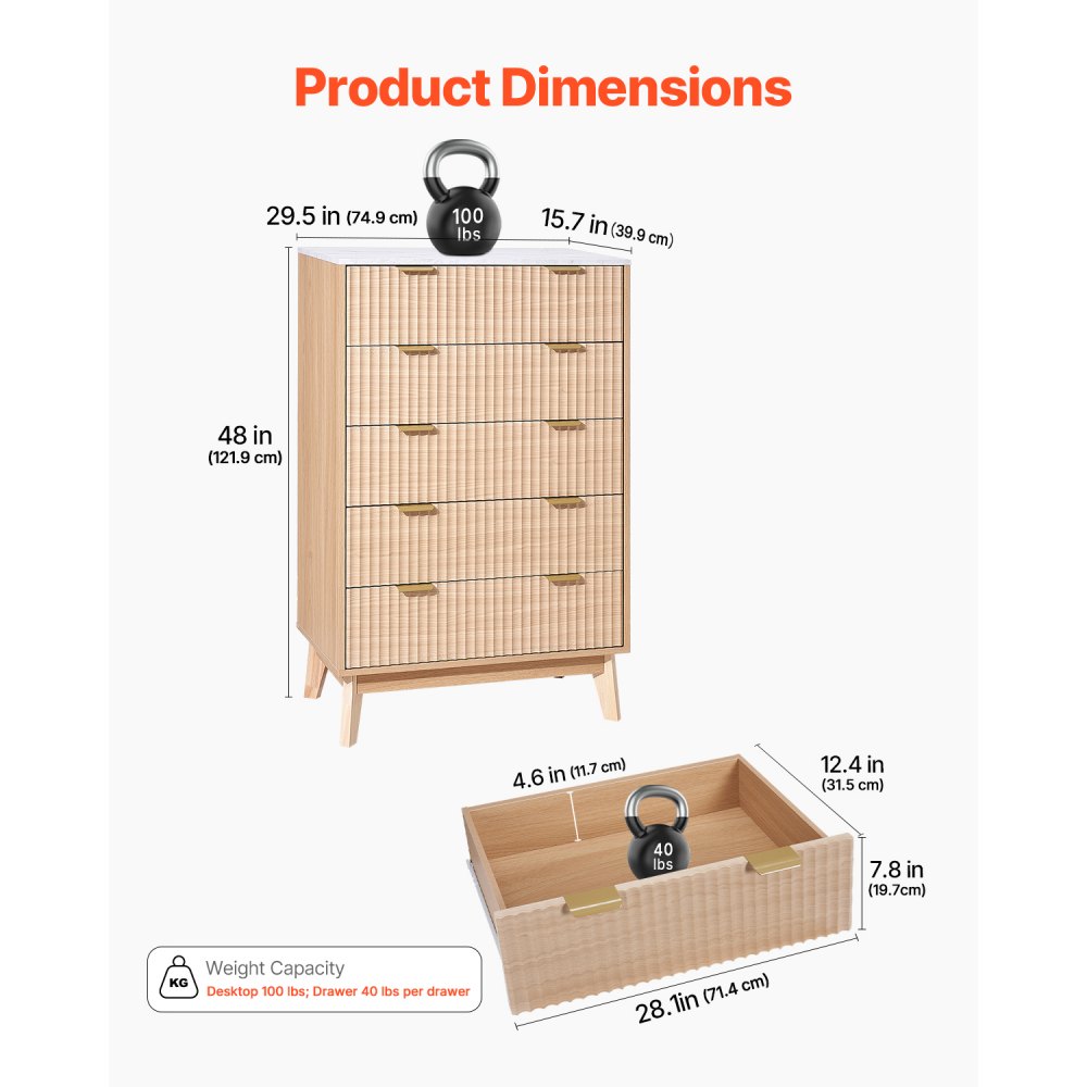 Komoda VEVOR z 5 żłobionymi szufladami, drewniana komoda z przesuwanymi szufladami i zabezpieczeniem przed przewróceniem, nowoczesna minimalistyczna szafka w stylu retro z organizerem do salonu, sypialni i przedpokoju (jasne drewno)