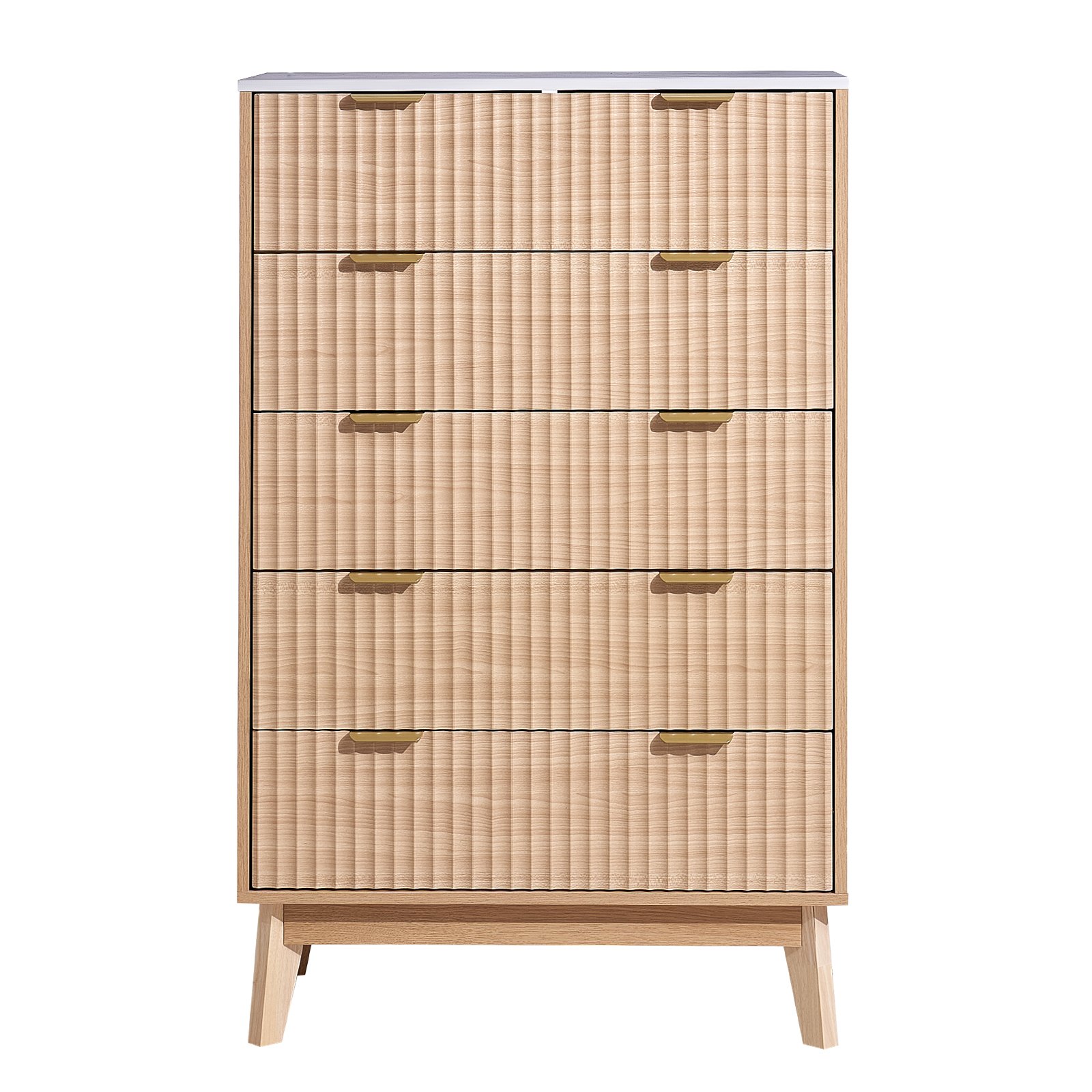 Komoda VEVOR z 5 żłobionymi szufladami, drewniana komoda z przesuwanymi szufladami i zabezpieczeniem przed przewróceniem, nowoczesna minimalistyczna szafka w stylu retro z organizerem do salonu, sypialni i przedpokoju (jasne drewno)