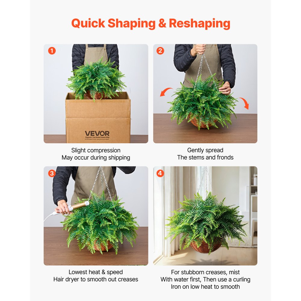 VEVOR Artificial Ferns, 2 Pcs Fake Hanging Boston Fern Bush Plant with 584 mm Hanging Length, Plastic Faux Greenery for Indoor and Outdoor Decor, For Wall, Wedding Party, Home, Porch Garden, Office