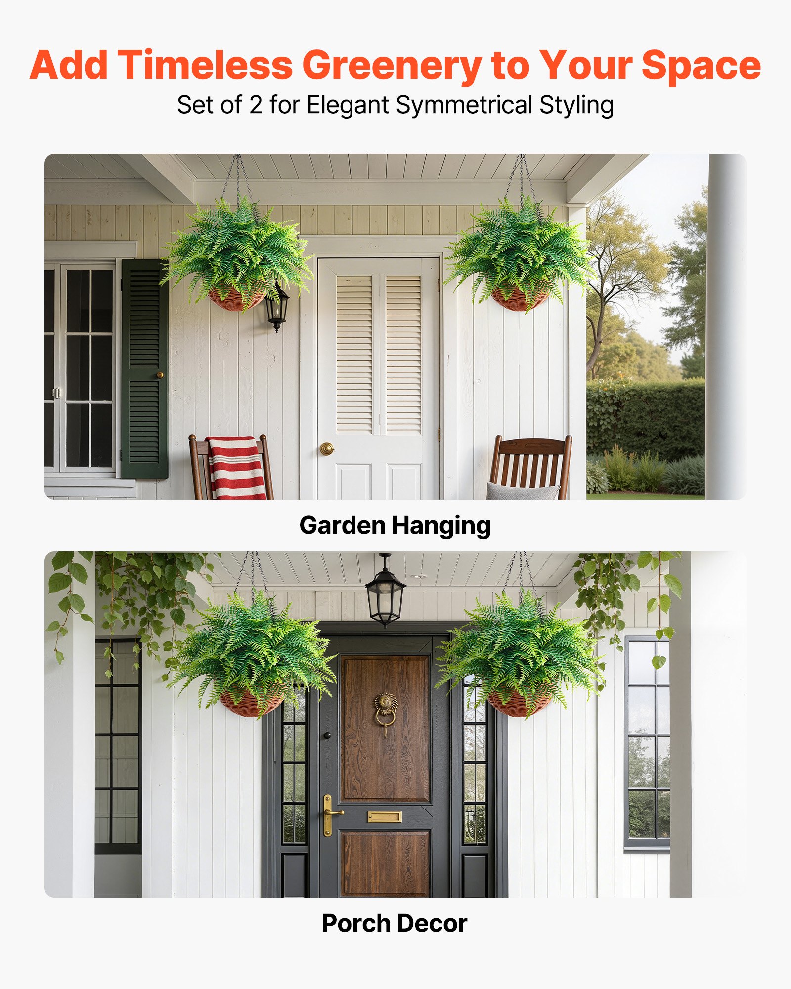 VEVOR Artificial Ferns, 2 Pcs Fake Hanging Boston Fern Bush Plant with 584 mm Hanging Length, Plastic Faux Greenery for Indoor and Outdoor Decor, For Wall, Wedding Party, Home, Porch Garden, Office