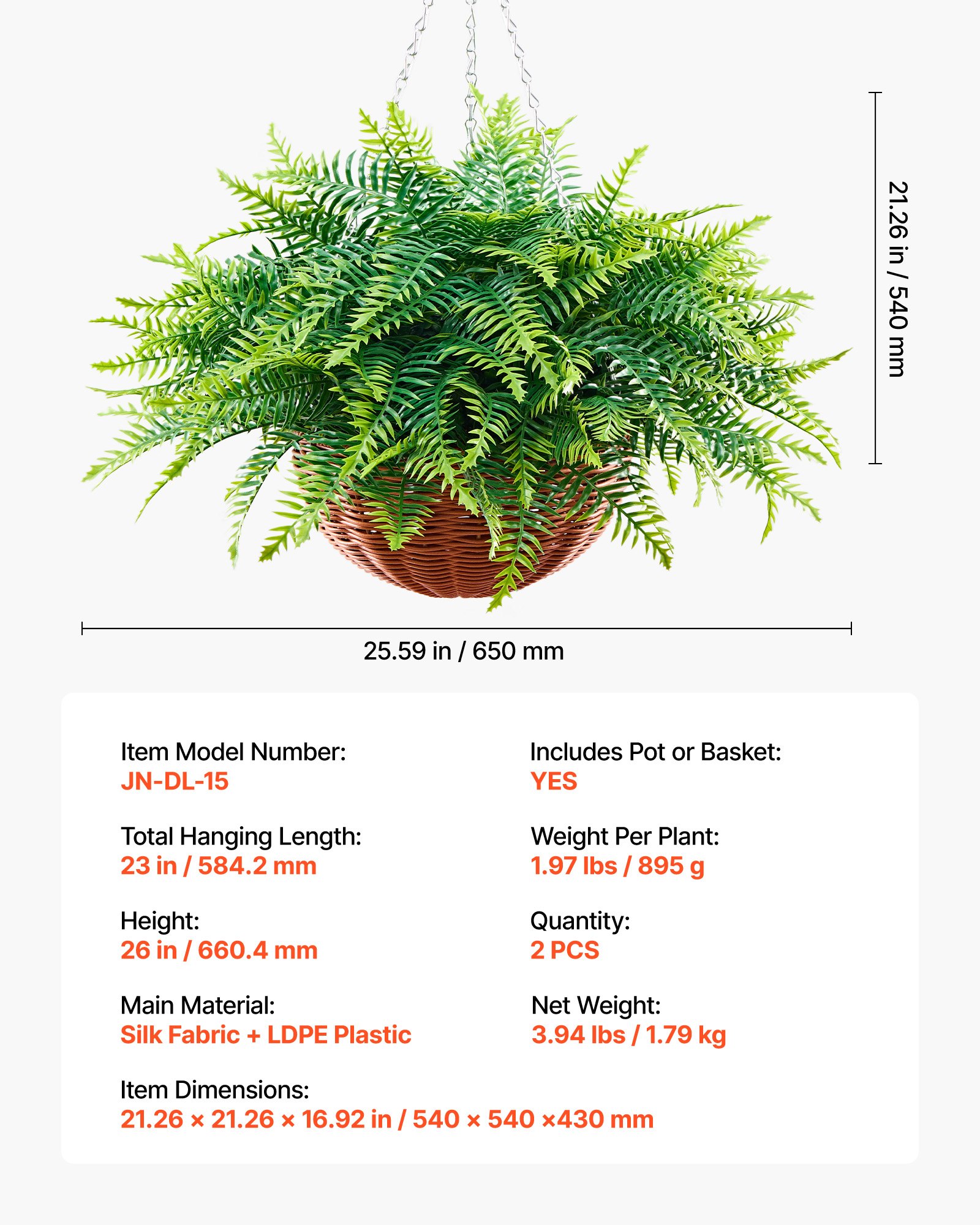 VEVOR Artificial Ferns, 2 Pcs Fake Hanging Boston Fern Bush Plant with 584 mm Hanging Length, Plastic Faux Greenery for Indoor and Outdoor Decor, For Wall, Wedding Party, Home, Porch Garden, Office