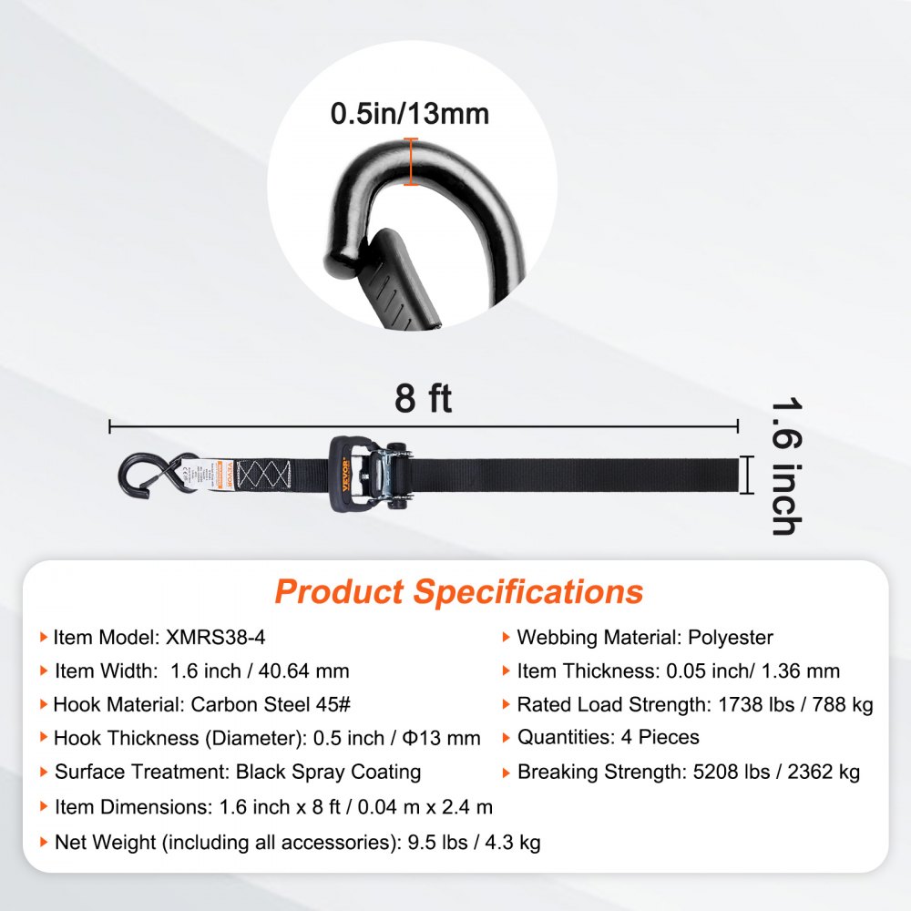 Zestaw 4 pasów mocujących VEVOR 0,04 x 2,4 m Pas mocujący 2362 kg Pas mocujący z grzechotką Pas poliestrowy i hak ze stali węglowej Pas mocujący z grzechotką Idealny do motocykli Rowerów Kajaków UTV Łodzi ATV