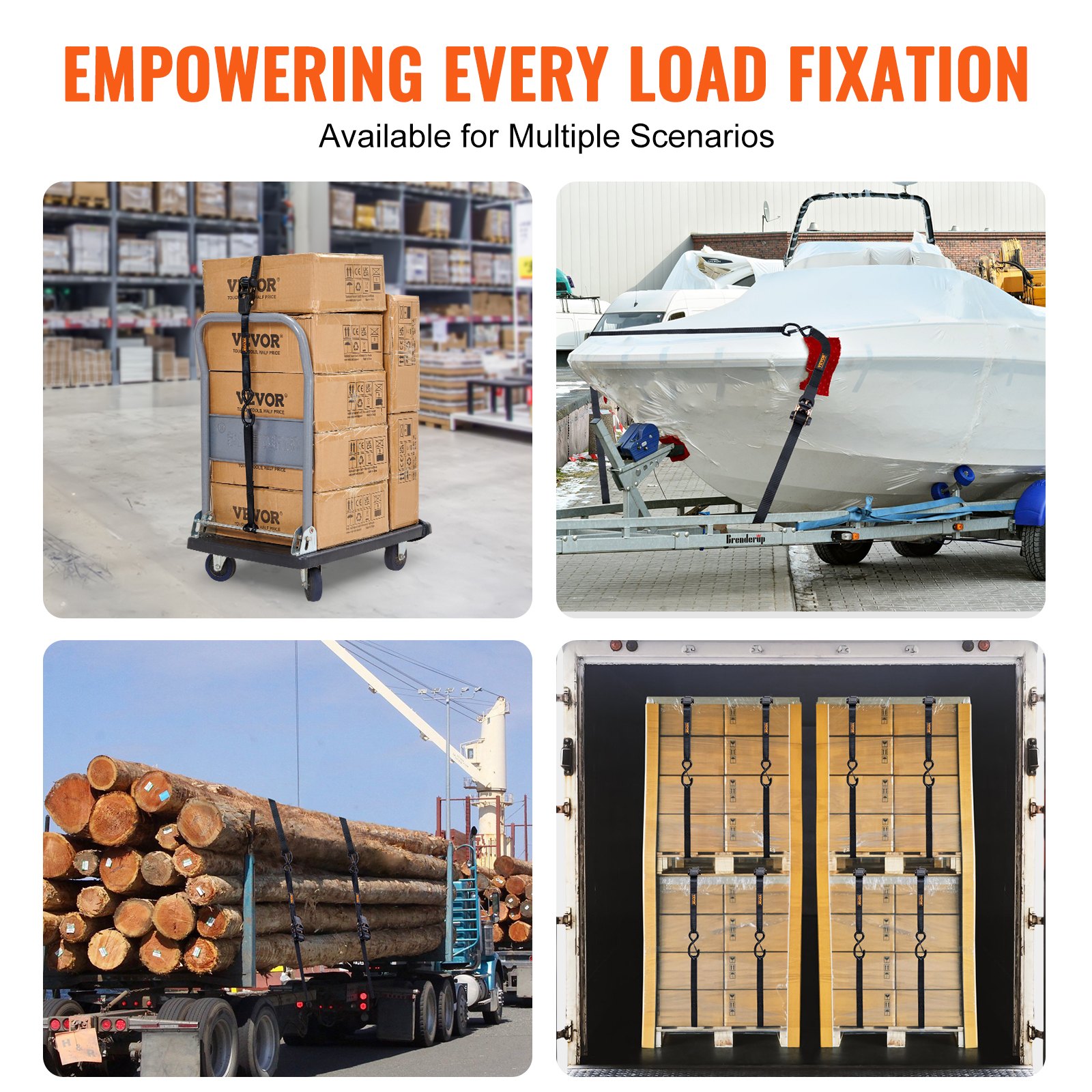 VEVOR Zestaw 4 pasów mocujących 0,025 x 4,6 m Pas mocujący 998 kg Pas mocujący z grzechotką Pas poliestrowy Pas mocujący z hakiem ze stali węglowej Pas mocujący z grzechotką Idealny do motocykli Rowerów Kajaków UTV Łodzi ATV