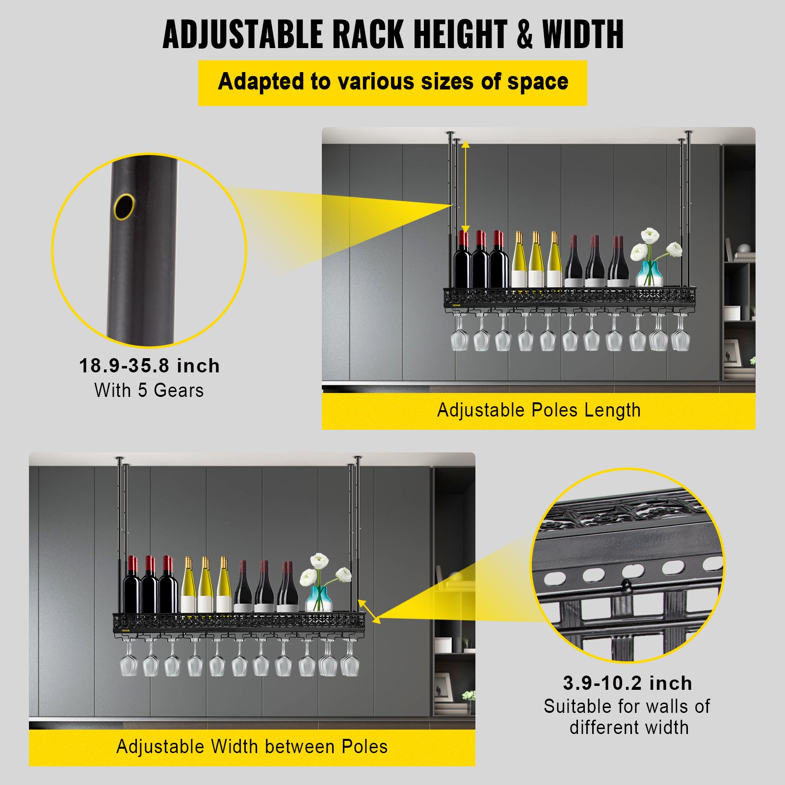 VEVOR Półka wisząca Uchwyt na butelkę wina Kieliszki Szklanki Kubki 8,5 kg, Uchwyt na kubek Kuchnia Półka sufitowa 119x33x15 cm, Wisząca półka sufitowa Uchwyt na butelkę wina Koktajl