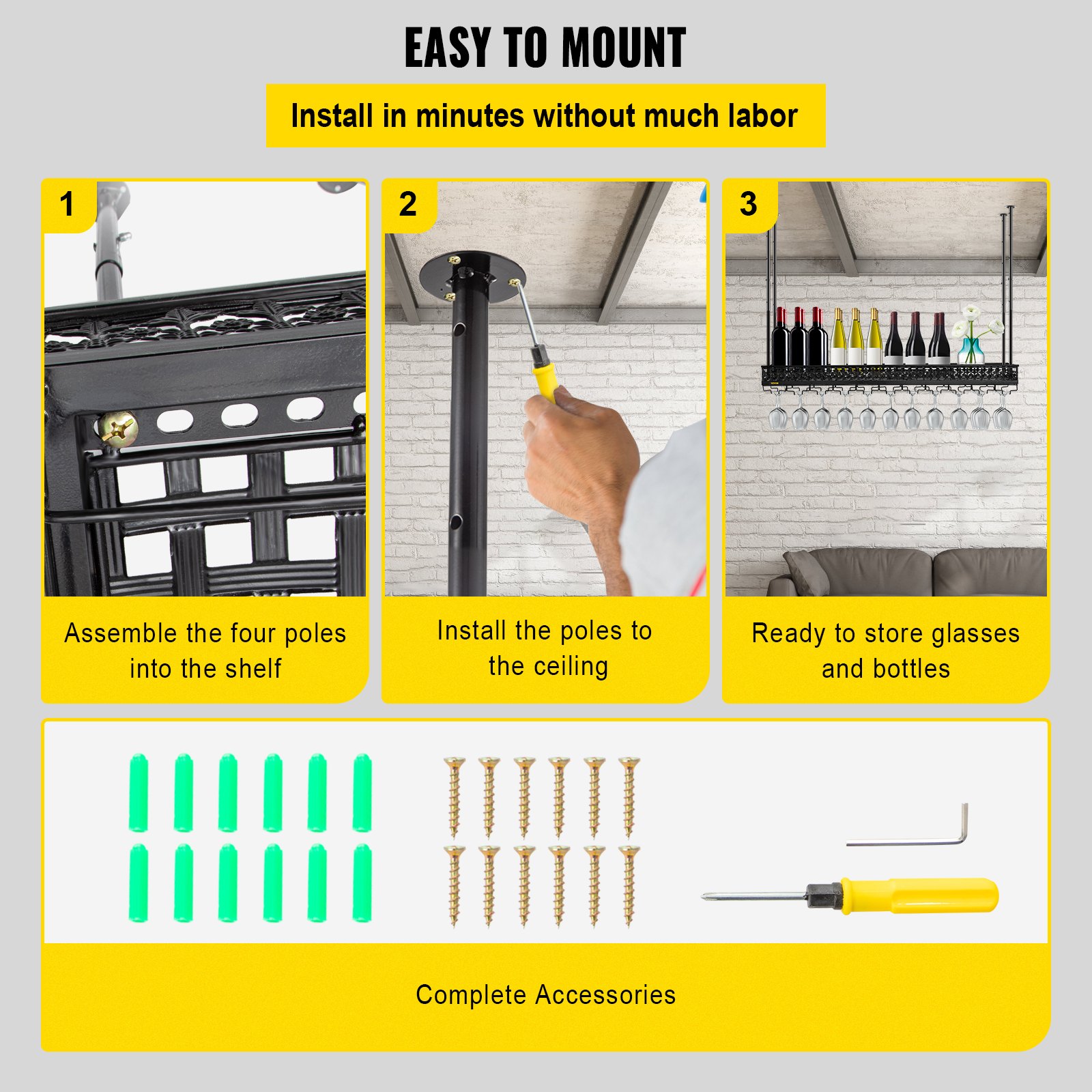 VEVOR Półka wisząca Uchwyt na butelkę wina Kieliszki Szklanki Kubki 8,5 kg, Uchwyt na kubek Kuchnia Półka sufitowa 119x33x15 cm, Wisząca półka sufitowa Uchwyt na butelkę wina Koktajl
