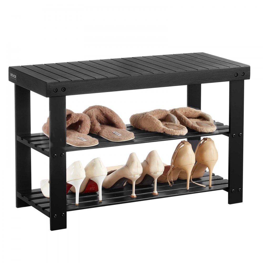 Ławka na buty VEVOR (703 x 288 x 451 mm), ławka do przedpokoju wykonana z bambusa, 3-poziomowa półka na buty (nośność 130 kg), do przedpokoju, salonu, sypialni, czarna