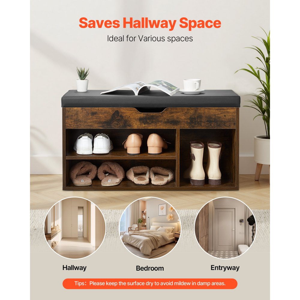 Ławka na buty VEVOR (805 x 305 x 445 mm), ławka do przedpokoju z podnoszonym schowkiem i poduszką, półka na buty z 3 przegrodami (nośność 136 kg), do przedpokoju, salonu, czarna