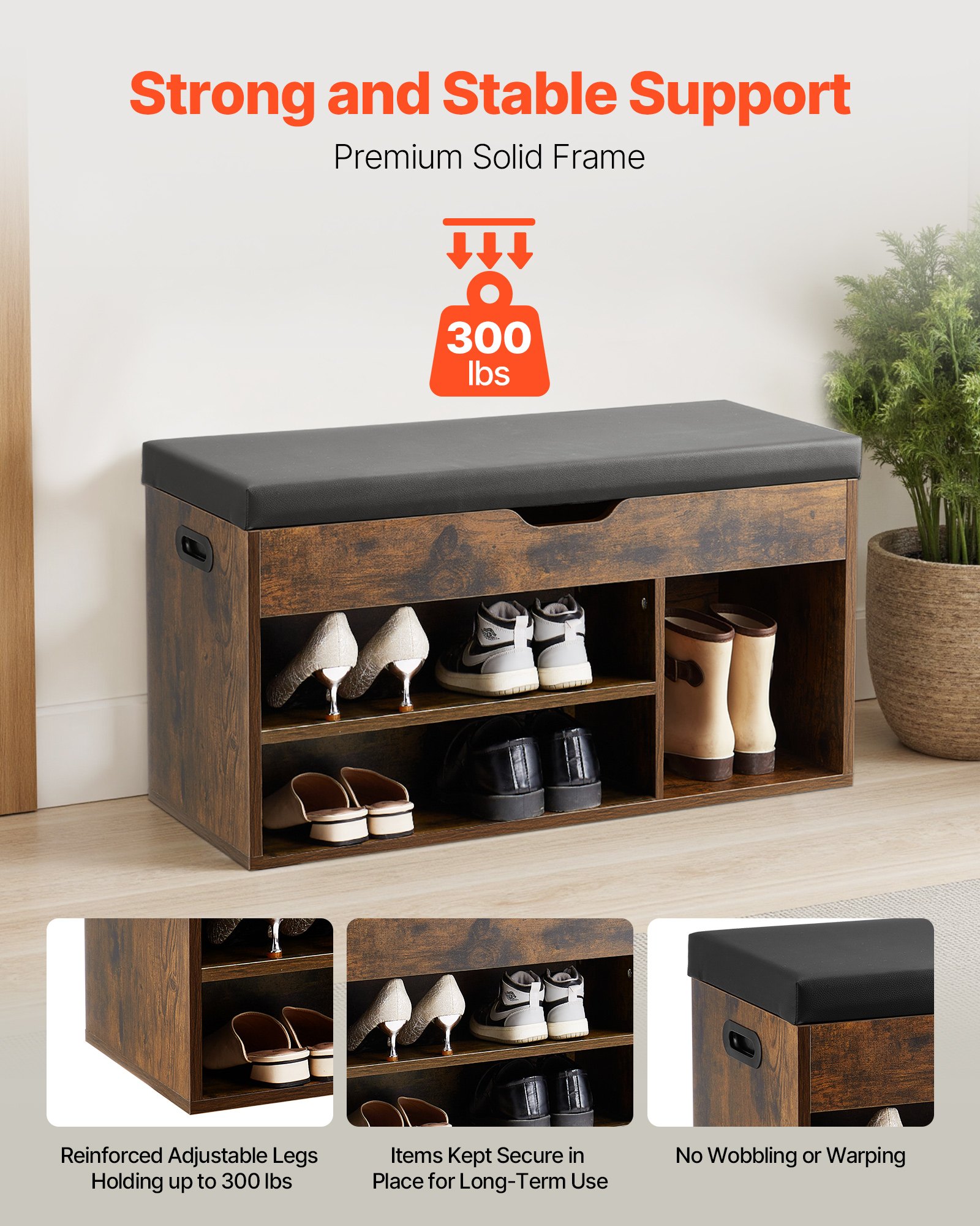 Ławka na buty VEVOR (805 x 305 x 445 mm), ławka do przedpokoju z podnoszonym schowkiem i poduszką, półka na buty z 3 przegrodami (nośność 136 kg), do przedpokoju, salonu, czarna