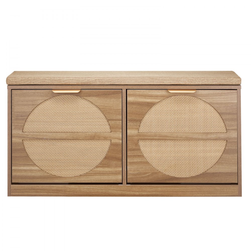 Ławka wejściowa VEVOR z półką na buty (988 x 240 x 500 mm), ławka wejściowa z materiału przypominającego rattan, półka na buty z poduszkami, 4 przegrodami i drzwiami rattanowymi (nośność 200 kg), do przedpokoju, salonu, sypialni