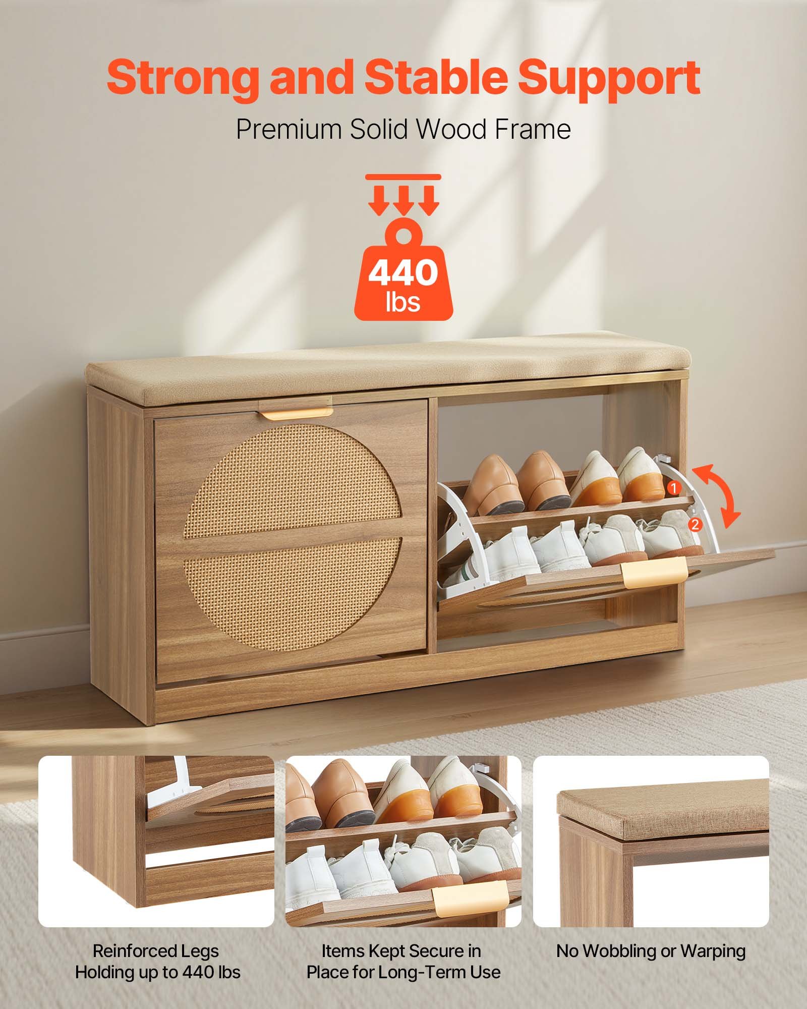 Ławka wejściowa VEVOR z półką na buty (988 x 240 x 500 mm), ławka wejściowa z materiału przypominającego rattan, półka na buty z poduszkami, 4 przegrodami i drzwiami rattanowymi (nośność 200 kg), do przedpokoju, salonu, sypialni