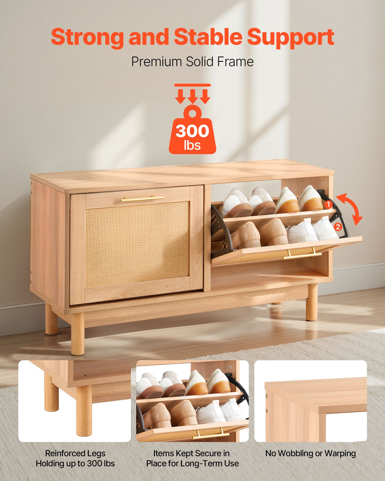 VEVOR Entryway Shoe Bench, 1000 x 300 x 530 mm Rattan-Like Shoes Bench with 2 Flip Drawers, 300lbs Shoe Storage Rack with 4 Compartments and 2 Rattan Doors, for Hallway, Living Room, Bedroom