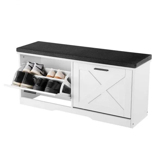 Ławka na buty VEVOR z 2 wysuwanymi szufladami, udźwig 200 kg, szafka na buty, jednostka do przechowywania butów, 1000 x 305 x 475 mm, do przedpokoju, salonu, sypialni, jednostka do przechowywania butów z 2 wysuwanymi szufladami, wyściełane siedzisko, wykonana z płyty wiórowej, czarno-biała