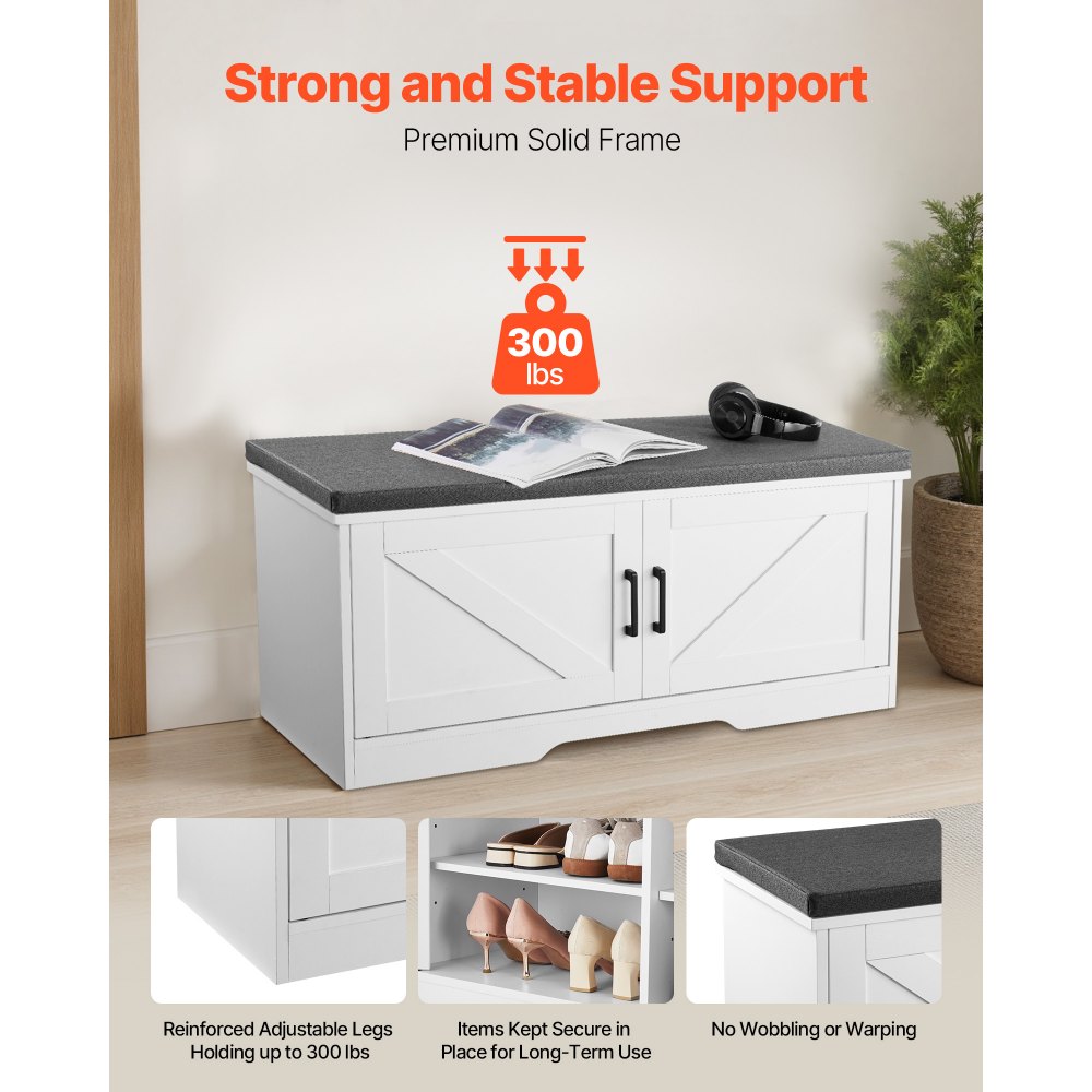 VEVOR Shoe Storage Bench, 1000 x 355 x 460 mm Shoe Organizer with Padded Seat Cushion, Entryway Bench with 2 Barn Doors and Height Adjustable Shelf, for Hallway, Living Room, Bedroom, White + Black