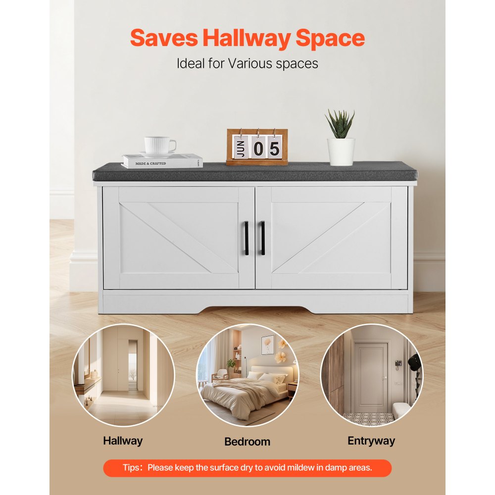 VEVOR Shoe Storage Bench, 1000 x 355 x 460 mm Shoe Organizer with Padded Seat Cushion, Entryway Bench with 2 Barn Doors and Height Adjustable Shelf, for Hallway, Living Room, Bedroom, White + Black
