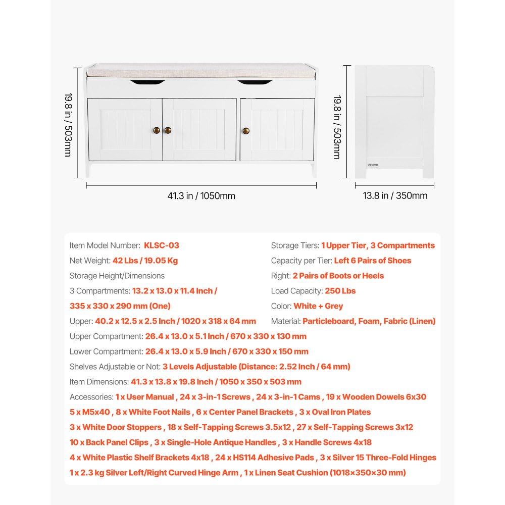 Ławka z półką na buty VEVOR (1050 x 350 x 503 mm), ławka do przedpokoju z podnoszonym schowkiem, siedziskiem i 3 przegrodami, półka na buty (nośność 113,4 kg), do przedpokoju, salonu, sypialni, czarna