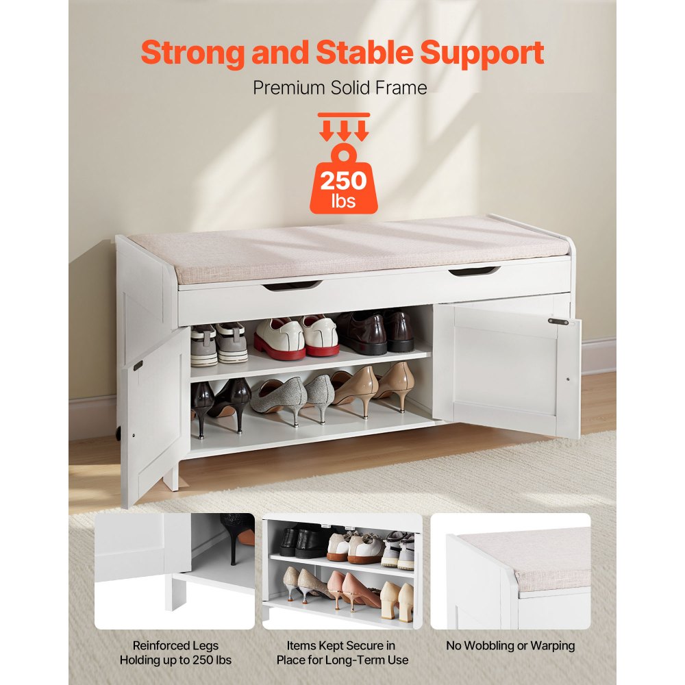 VEVOR Shoe Bench, 1050 x 350 x 503 mm Entryway Bench with Lift Top Storage and Seat Cushion, 250lbs Shoe Storage Rack with 3 Cabinets and Height Adjustable Shelf, for Bedroom, Hallway, White + Black