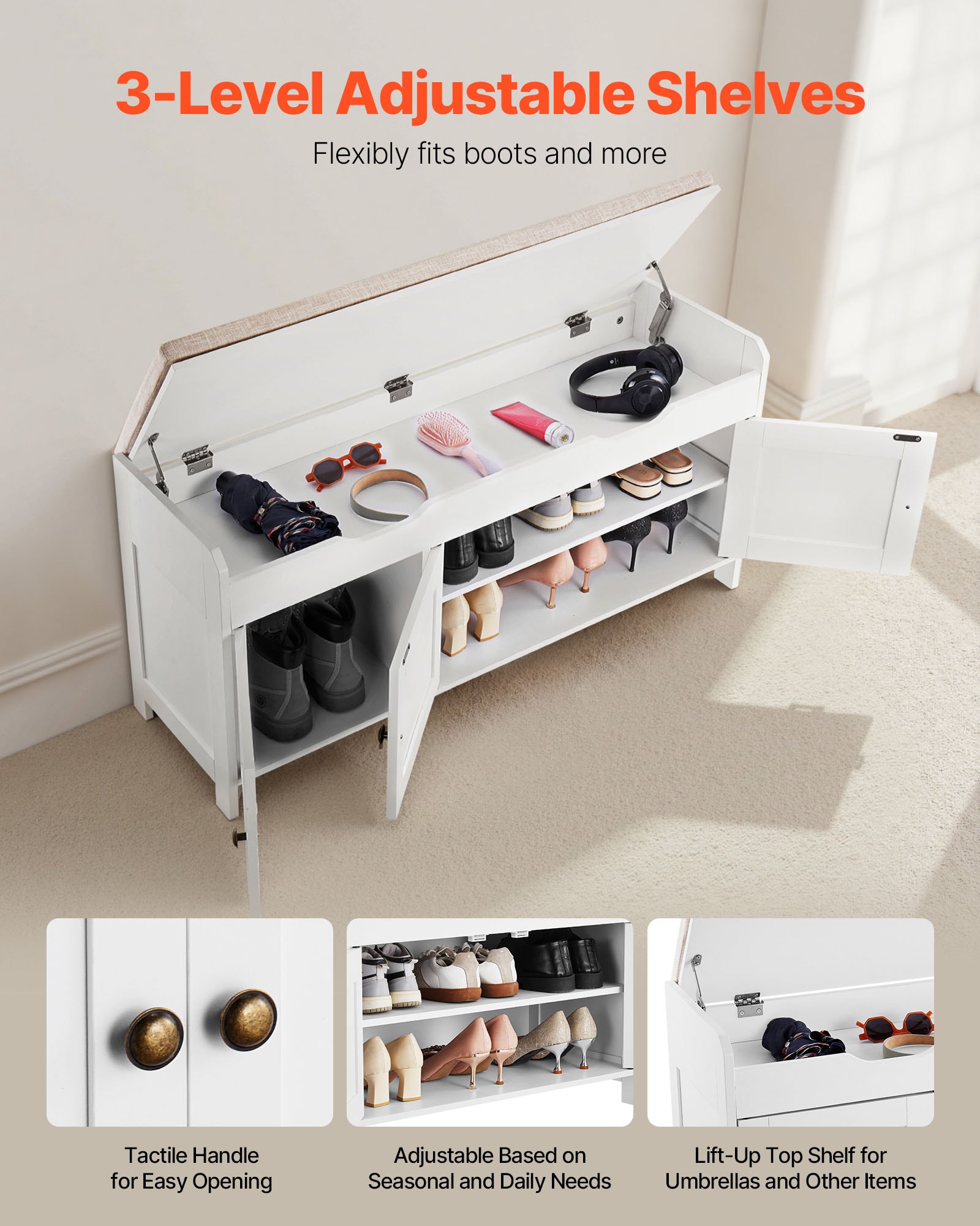 VEVOR Shoe Bench, 1050 x 350 x 503 mm Entryway Bench with Lift Top Storage and Seat Cushion, 250lbs Shoe Storage Rack with 3 Cabinets and Height Adjustable Shelf, for Bedroom, Hallway, White + Black
