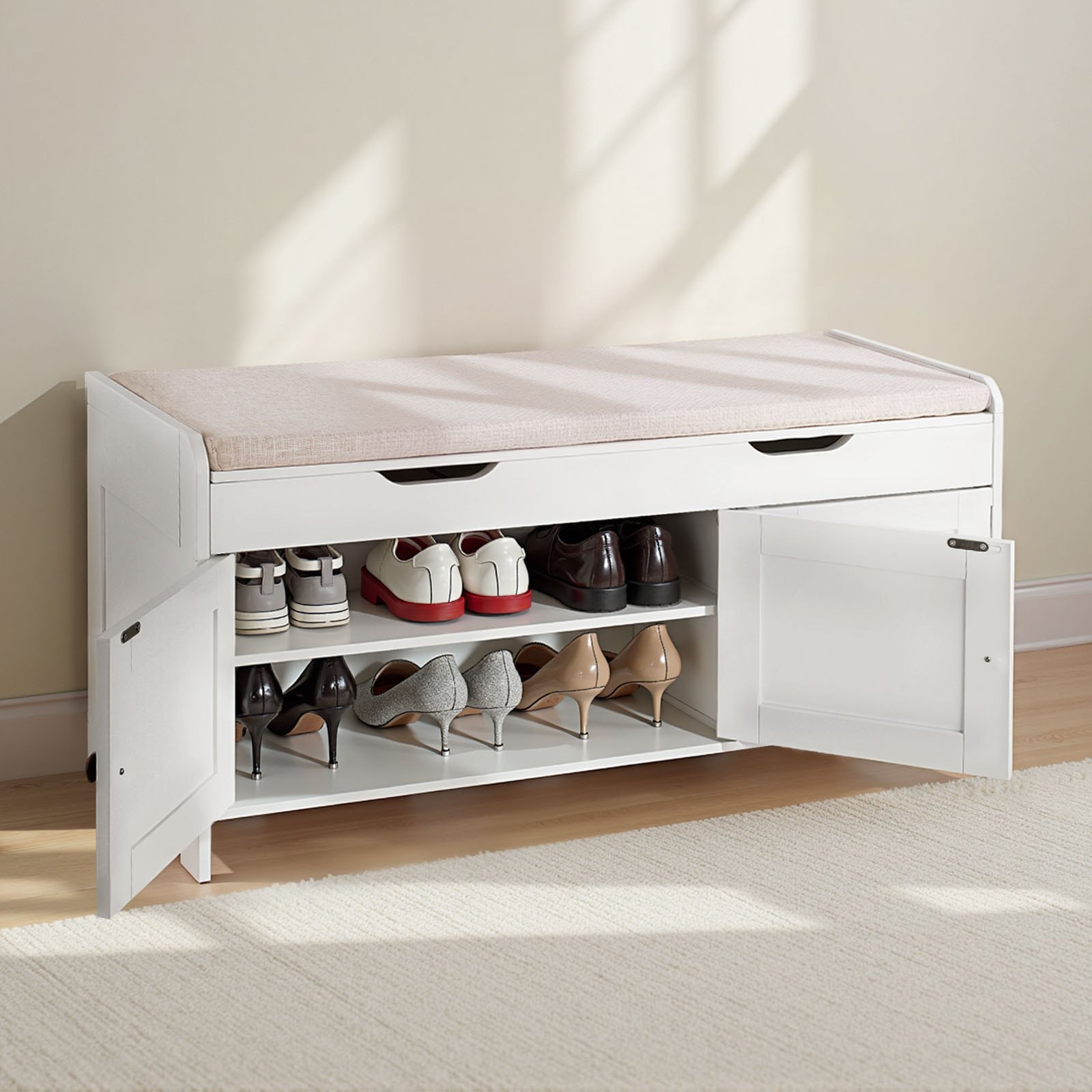 VEVOR Shoe Bench, 1050 x 350 x 503 mm Entryway Bench with Lift Top Storage and Seat Cushion, 250lbs Shoe Storage Rack with 3 Cabinets and Height Adjustable Shelf, for Bedroom, Hallway, White + Black