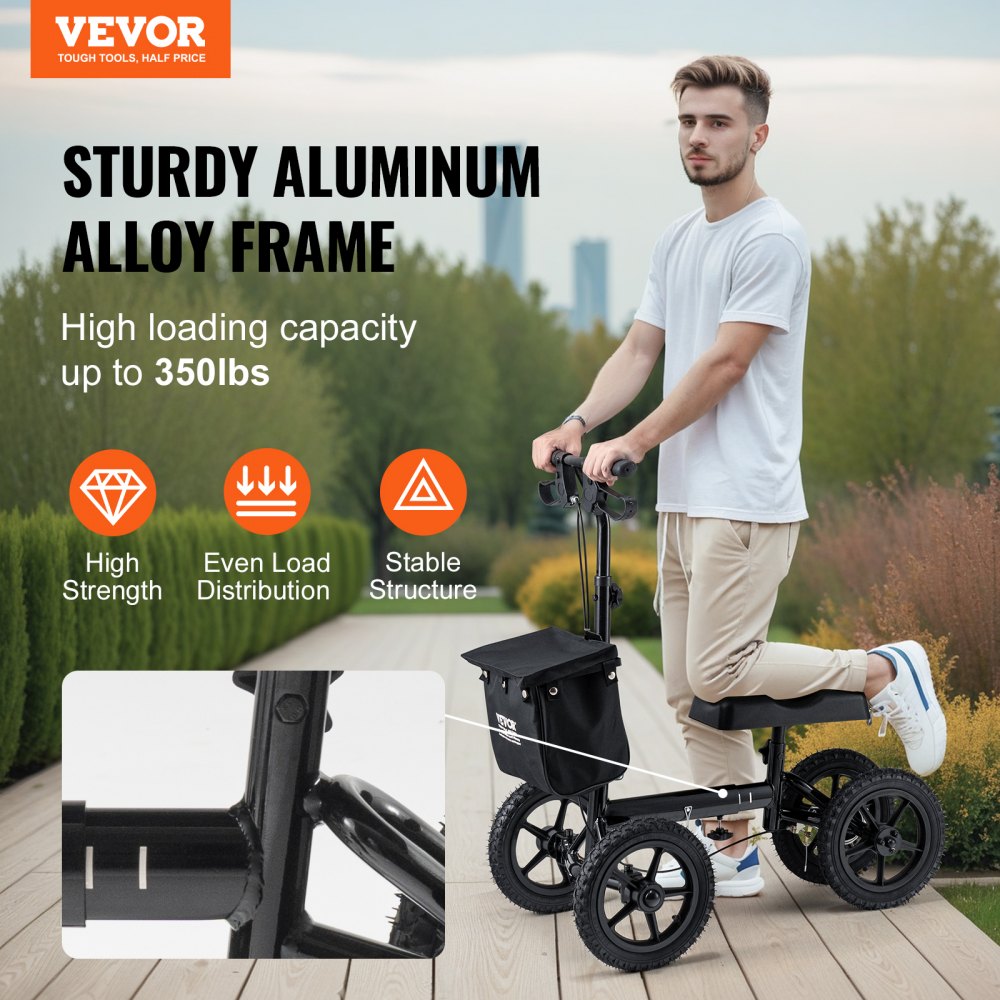 VEVOR Skuter kolanowy, aluminiowy chodzik kolanowy z regulowaną wysokością kierownicy i ochraniaczem na kolana, koła terenowe o średnicy 30 cm, podwójne hamulce, skuter do rehabilitacji nóg po złamaniach stawu skokowego i stopy, 160 kg