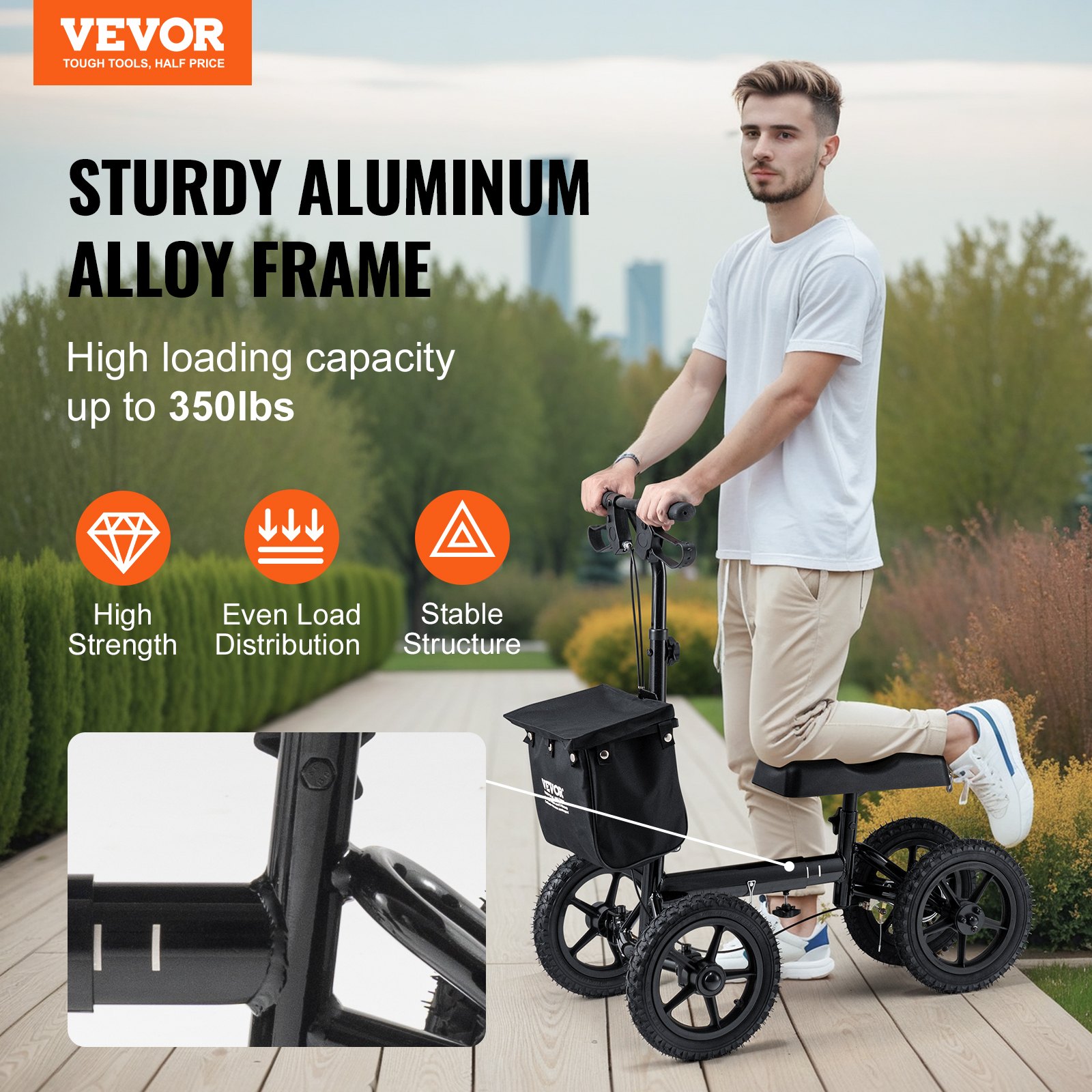 VEVOR Skuter kolanowy, aluminiowy chodzik kolanowy z regulowaną wysokością kierownicy i ochraniaczem na kolana, koła terenowe o średnicy 30 cm, podwójne hamulce, skuter do rehabilitacji nóg po złamaniach stawu skokowego i stopy, 160 kg