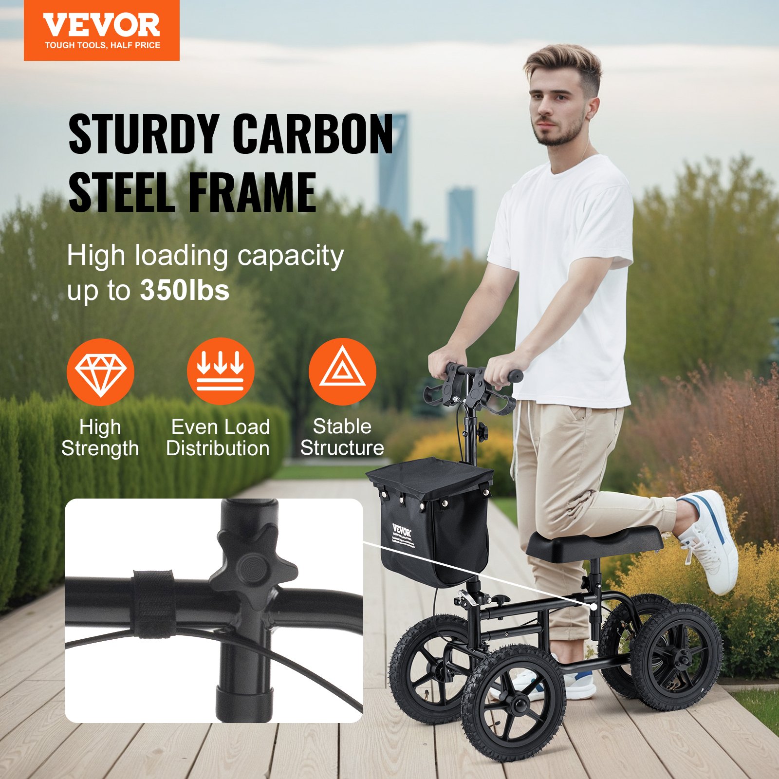 VEVOR Knee Scooter Chodzik kolanowy wykonany ze stali węglowej z regulowaną wysokością kierownicy i ochraniaczem kolan 30 cm koła terenowe podwójne hamulce, skuter rehabilitacyjny nóg dla kontuzjowanych kostek stóp i kolan 160 kg