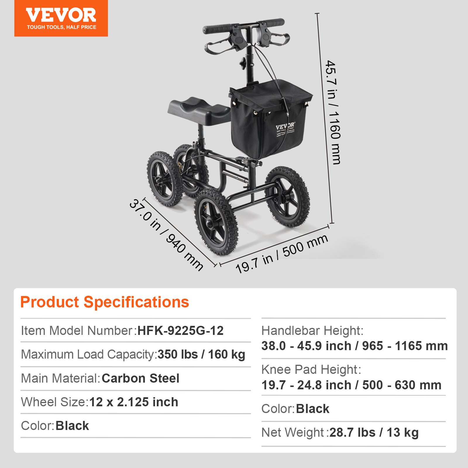 VEVOR Knee Scooter Chodzik kolanowy wykonany ze stali węglowej z regulowaną wysokością kierownicy i ochraniaczem kolan 30 cm koła terenowe podwójne hamulce, skuter rehabilitacyjny nóg dla kontuzjowanych kostek stóp i kolan 160 kg