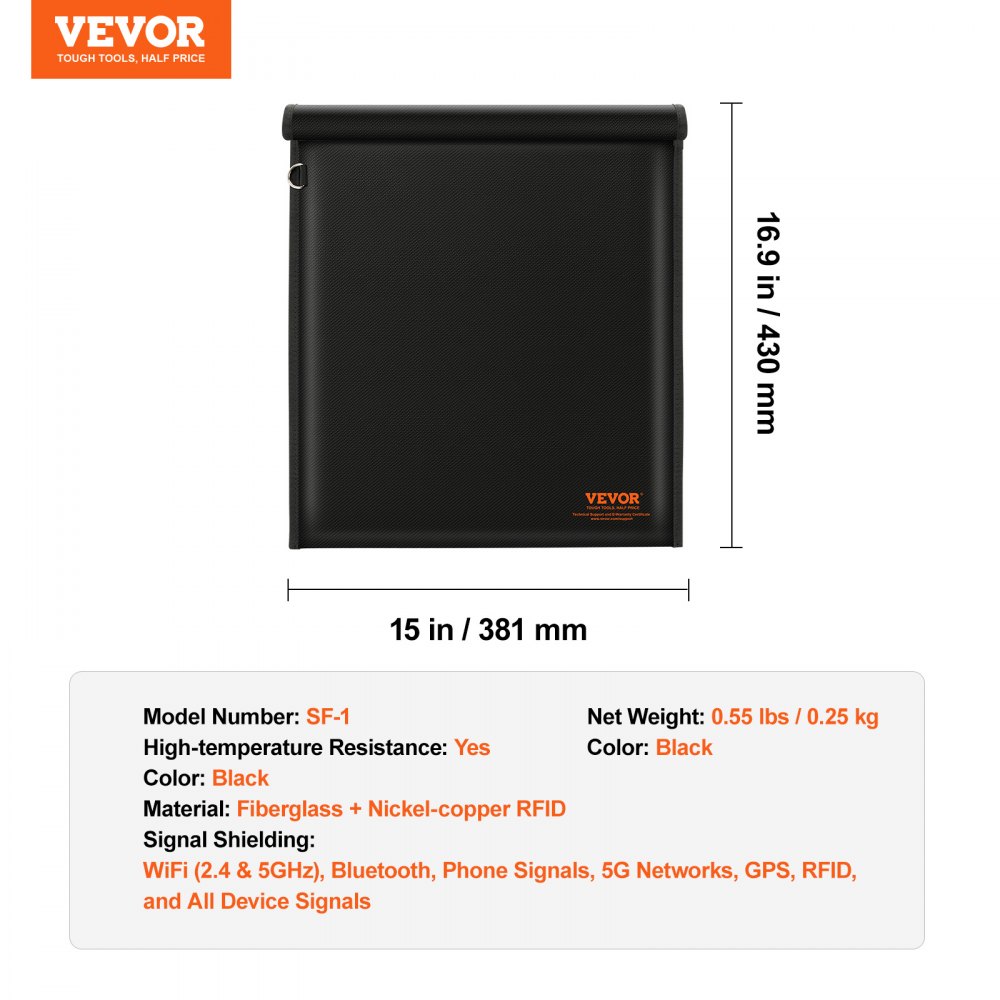 Zestaw VEVOR Faradaya do laptopa (430 x 381 mm), ognioodporny i wodoodporny uchwyt blokujący sygnał Faradaya do kluczyków samochodowych, telefonów, tabletów, torba antykradzieżowa, czarny