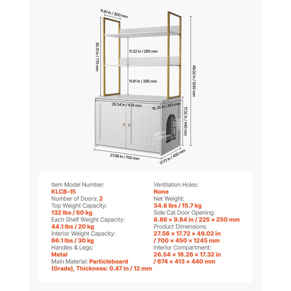 Szafka dla kota VEVOR, 700x450x1245 mm, kuweta dla kota z metalowymi nogami i 2-poziomowymi półkami, szafka na kuwetę dla kota, domek dla kota, pasuje do większości kuwet, do salonu