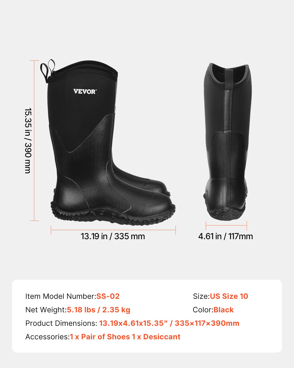 VEVOR Kalosze, buty ochronne, buty antypoślizgowe, ocieplane kalosze do prac ogrodowych, buty robocze, idealne na wędrówki, wędkowanie lub prace ogrodowe, rozmiar 10 US