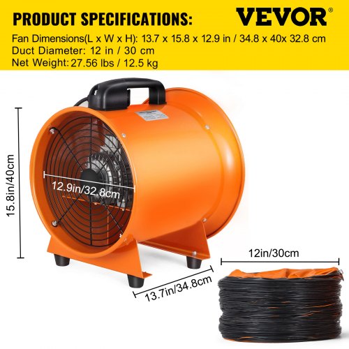 300 mm Wentylator przemysłowy do odpylania pyłu + 5 m elastyczny wąż PVC 3900 m³ / h Warsztat