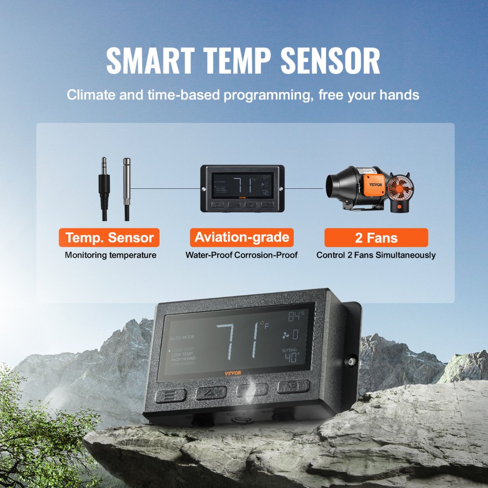 Wentylator kanałowy VEVOR, 21 W, 205 CFM, z regulatorem temperatury i wilgotności, cichy wentylator wyciągowy z silnikiem EC do chłodzenia, namiotów uprawowych i hydroponiki