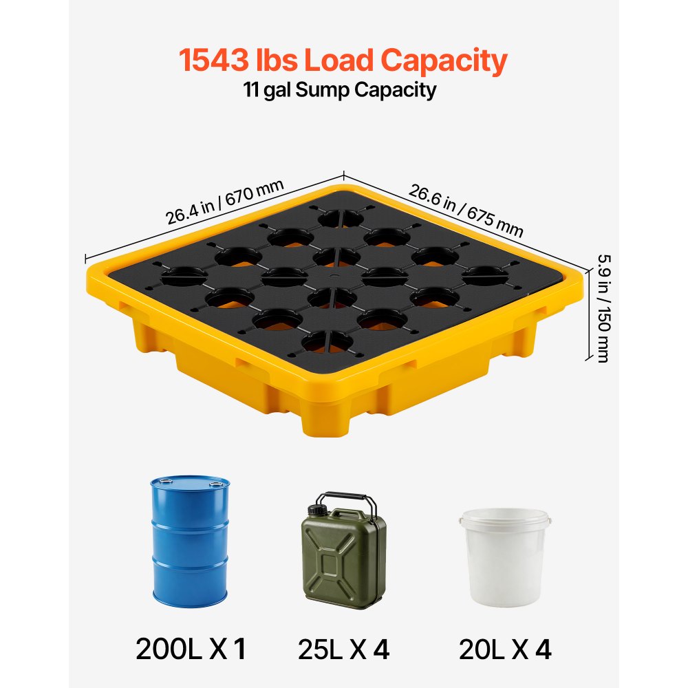 Paleta przeciwrozlewowa VEVOR 670x675x150 mm, przemysłowa taca przeciwrozlewowa o nośności statycznej 700 kg i pojemności 43,2 l, paleta beczkowa z odpływem na 1 beczkę, platforma przeciwrozlewowa do przechowywania i transportu