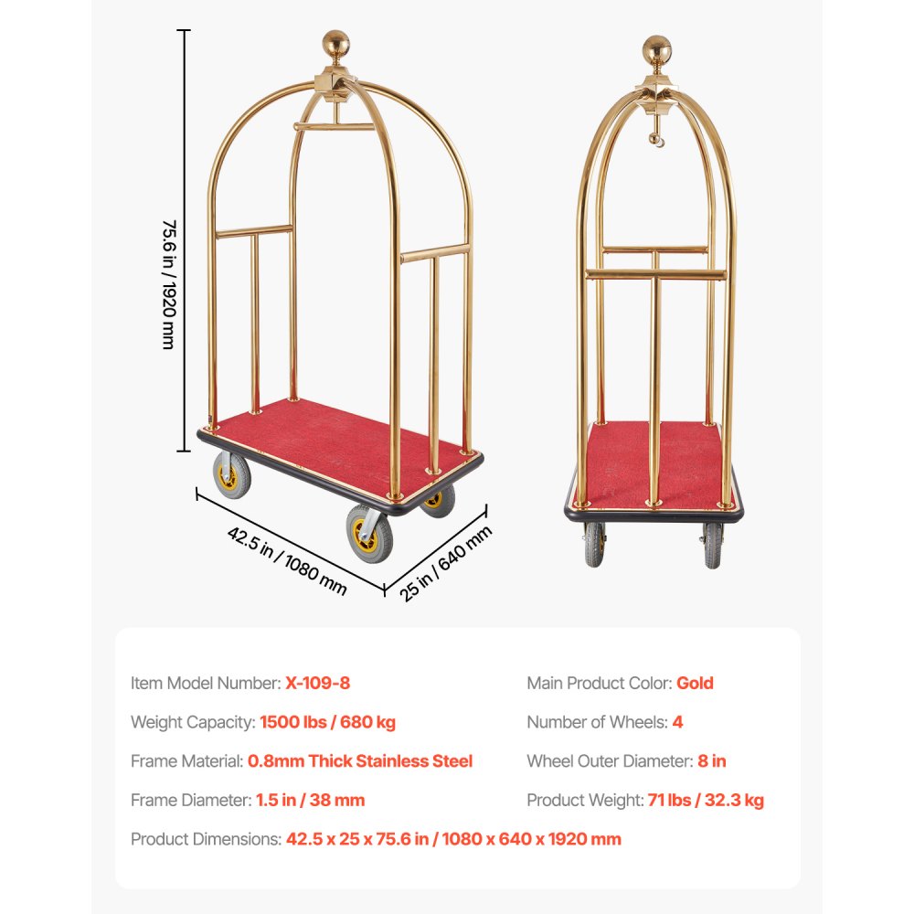 Wózek bagażowy VEVOR Hotel, udźwig 680 kg, wózek hotelowy z wygiętymi słupkami, wózek hotelowy, wózek bagażowy z czerwonym dywanem i 20 cm gumowymi kołami, idealny do hoteli, apartamentów i ośrodków wypoczynkowych