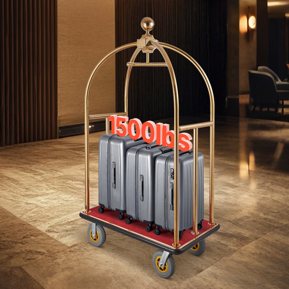 Wózek bagażowy VEVOR Hotel, udźwig 680 kg, wózek hotelowy z wygiętymi słupkami, wózek hotelowy, wózek bagażowy z czerwonym dywanem i 20 cm gumowymi kołami, idealny do hoteli, apartamentów i ośrodków wypoczynkowych