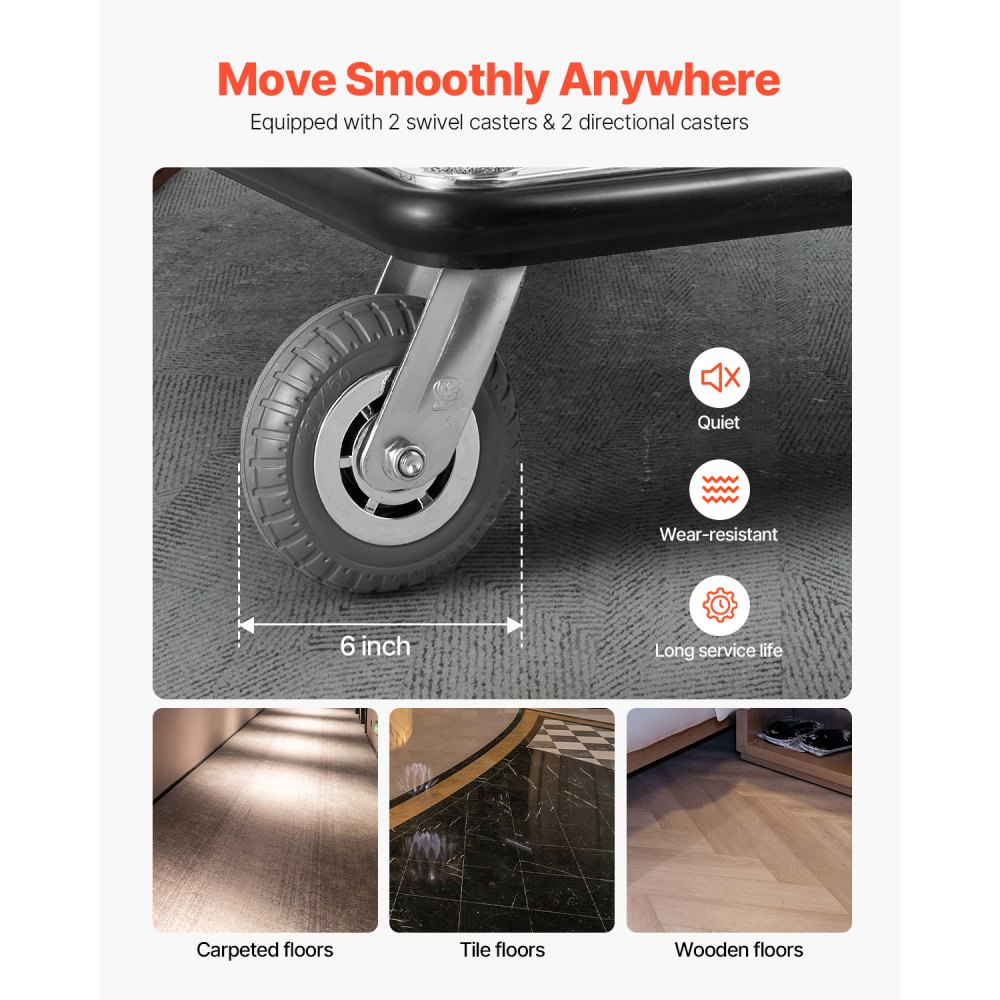 Wózek bagażowy VEVOR Hotel, udźwig 340 kg, wózek platformowy ze zdejmowaną ramą przednią, wózek parkingowy z wykładziną dywanową i 15 cm gumowymi kołami, idealny do hoteli, apartamentów i ośrodków wypoczynkowych