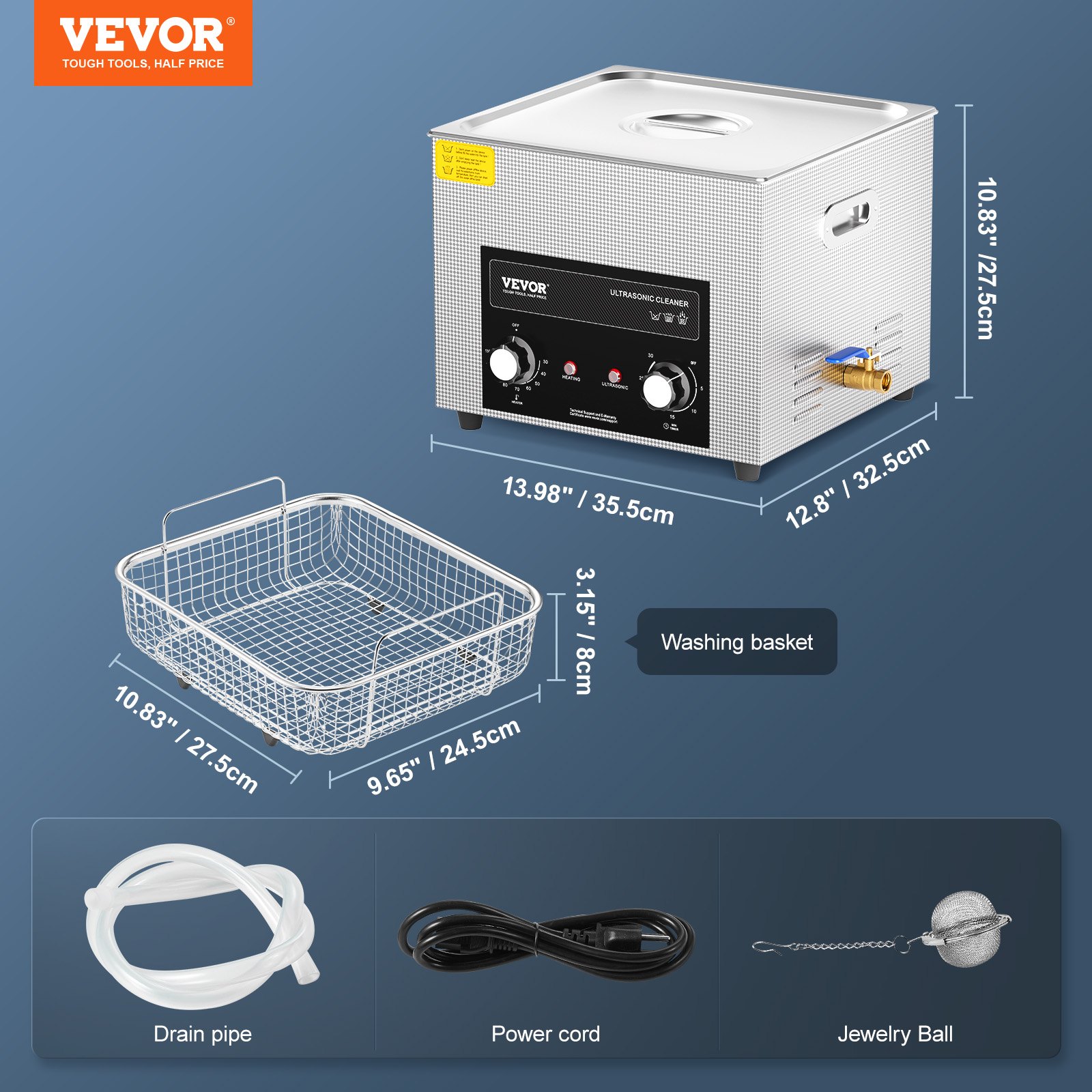 VEVOR 15 L Ultrasonic Cleaner with Heating Timer & Basket, Professional Digital Sonic Cavitation Machine, 360 W Cleaning Machine for Laboratory Tools, Metal Parts, Carburetors, Brass, Car Parts, Engine Parts