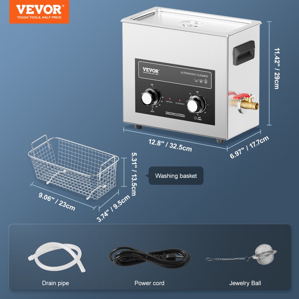 VEVOR Ultradźwiękowa myjka z timerem nagrzewania i koszem 6 l Profesjonalna cyfrowa kawitacja soniczna, 180 W Urządzenie do czyszczenia instrumentów zegarmistrzowskich, okularów, monet, części metalowych i narzędzi