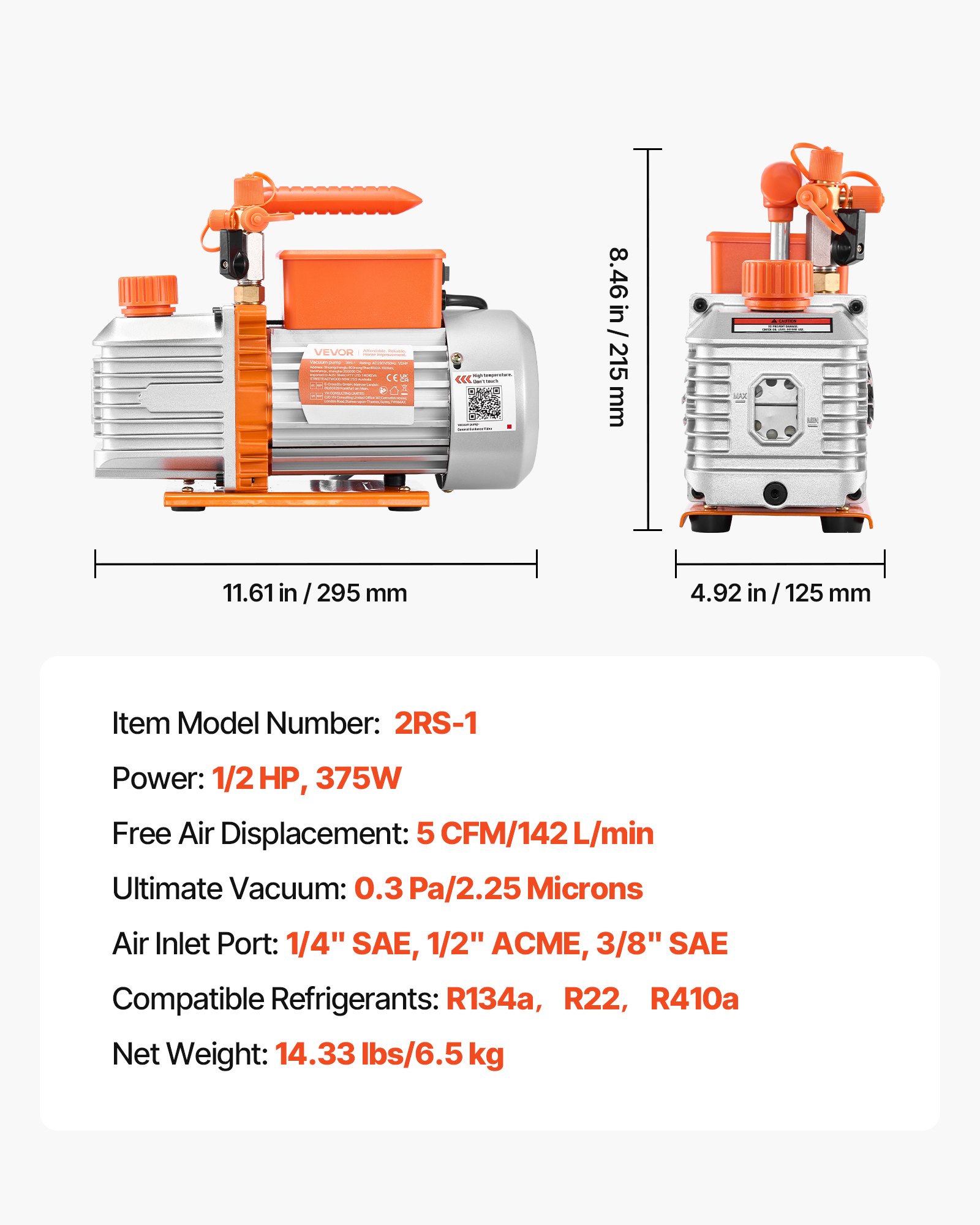 Pompa próżniowa VEVOR, 5 CFM 142 l/min, dwustopniowa, 375 W, odpowiednia do układów R134a, R22 i R410a, silnik 4-biegunowy, do konserwacji układów klimatyzacji samochodowych i odgazowywania żywic, w tym oleju.