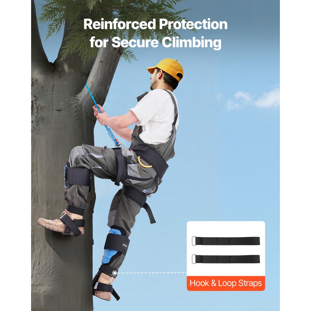 Kolce do wspinaczki na drzewa VEVOR, sprzęt do wspinaczki na drzewa z paskami i podkładką, udźwig 159 kg, wytrzymałe kolce do drzew, sprzęt wspinaczkowy z regulacją wysokości 39–44 cm do zbioru owoców i polowań, jasnoniebieski