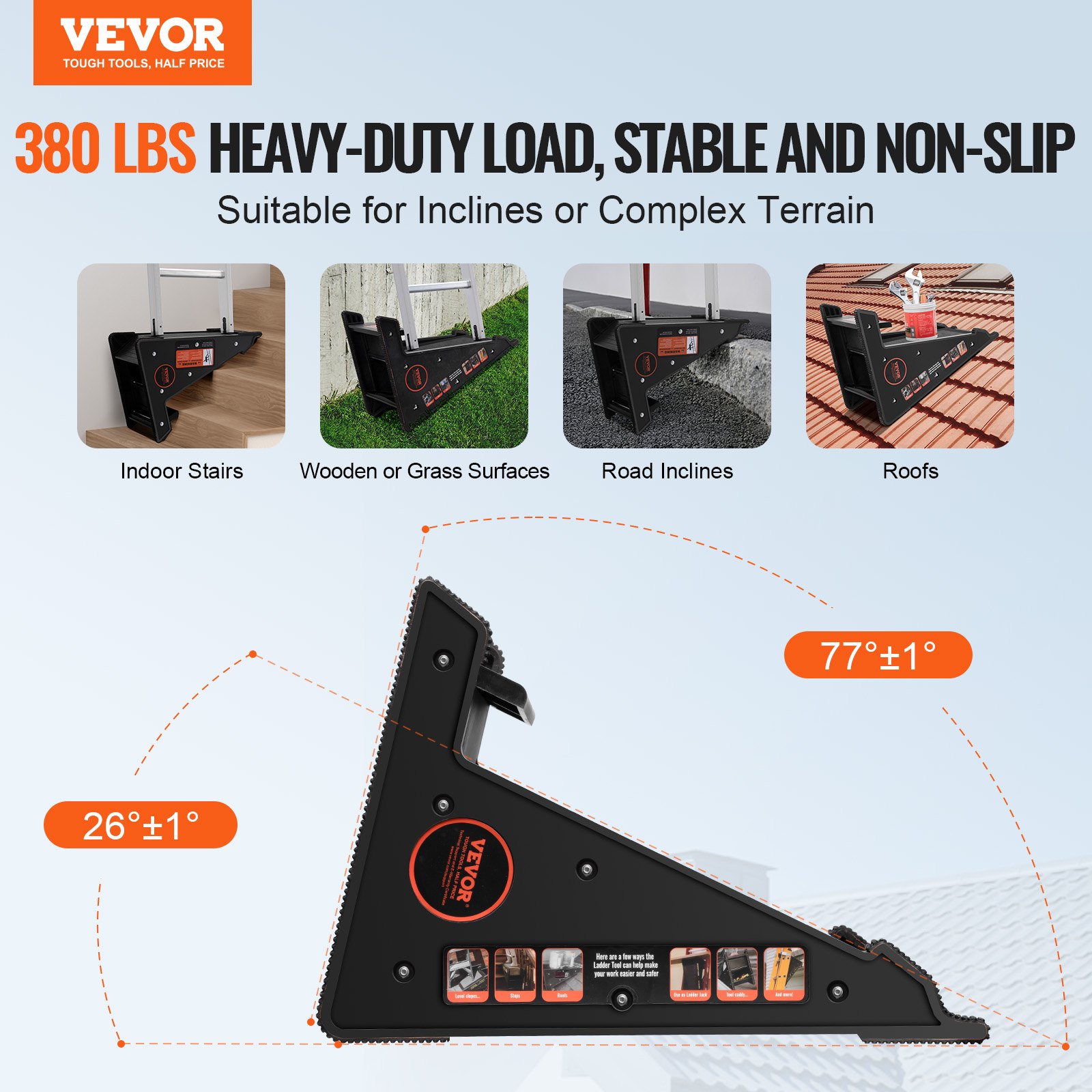 VEVOR Ladder Leveler, 380 lbs Load Capacity PP Ladder Leveling Tool, Incline Funnel, Stair Ladder Stabilizer with Storage, Easy-to-Use Stable Platform for All Surfaces, Extension Ladder Accessory for Uneven Ground