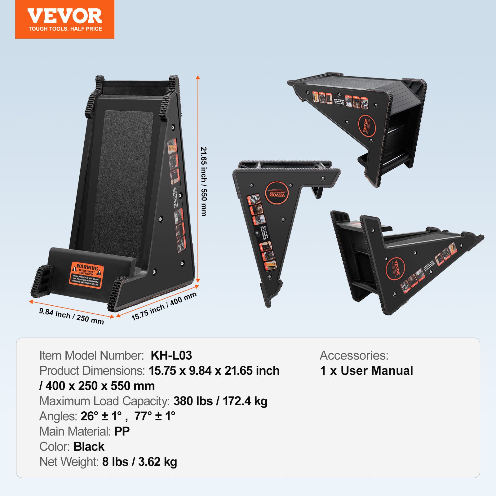 VEVOR Ladder Leveler, 380 lbs Load Capacity PP Ladder Leveling Tool, Incline Funnel, Stair Ladder Stabilizer with Storage, Easy-to-Use Stable Platform for All Surfaces, Extension Ladder Accessory for Uneven Ground