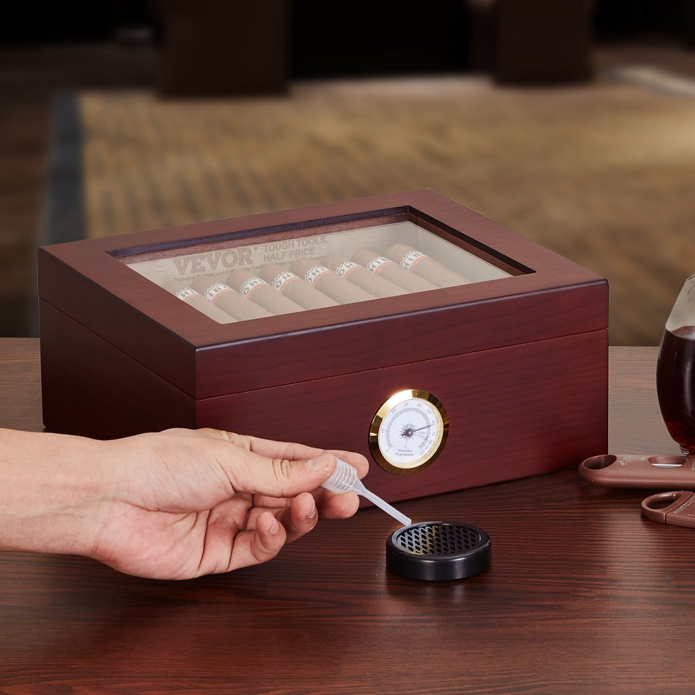 Humidor na cygara VEVOR, pudełko na cygara ze szklaną pokrywką, ręcznie robione pudełko na cygara z hiszpańskiego drewna cedrowego, pudełko do przechowywania cygar z nawilżaczem i przegrodą, na 30-50 cygar